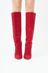  Red Crystal Embellished Knee High Boot
