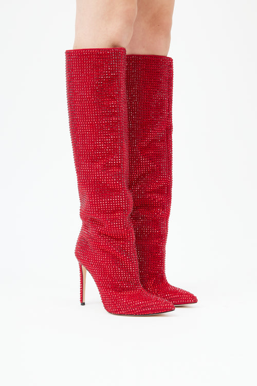 Paris Texas Red Crystal Embellished Knee High Boot