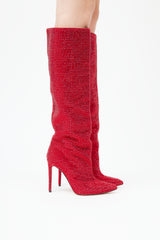  Red Crystal Embellished Knee High Boot