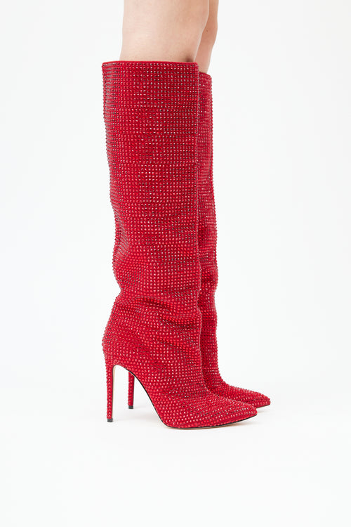  Red Crystal Embellished Knee High Boot