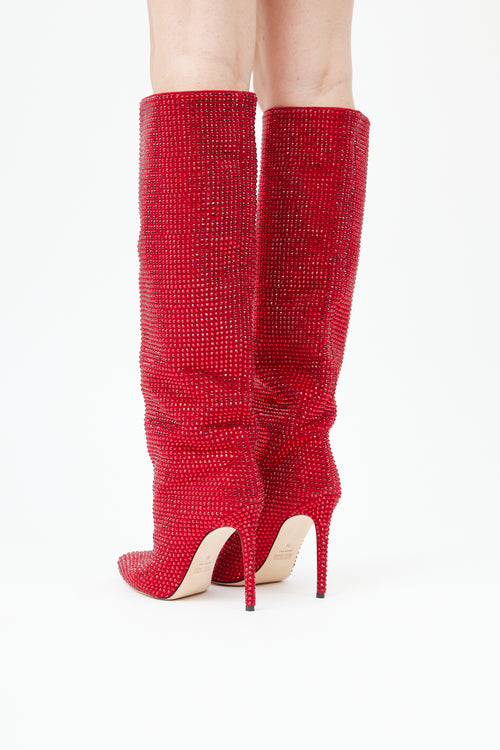  Red Crystal Embellished Knee High Boot
