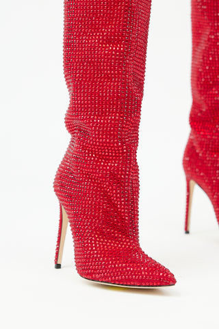  Red Crystal Embellished Knee High Boot