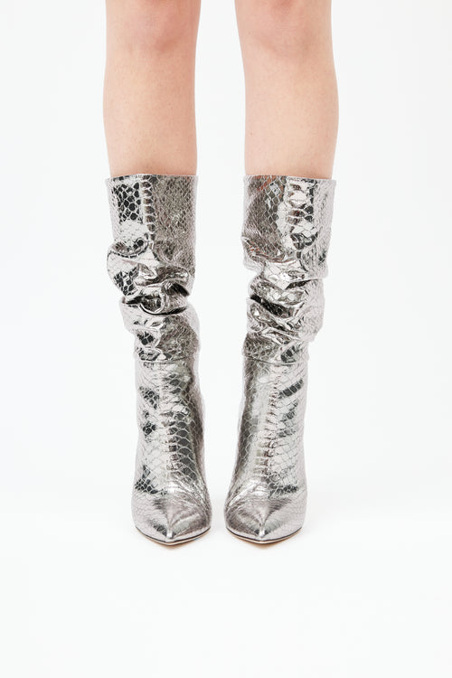  Silver Metallic Leather Textured Scrunched Boot