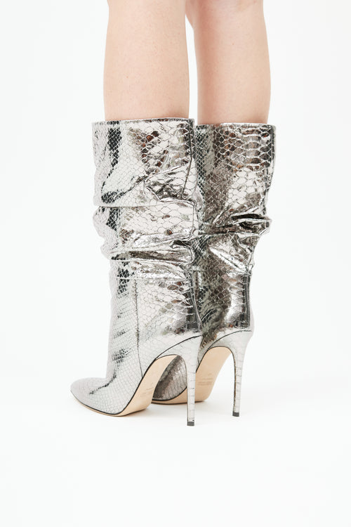 Silver Metallic Leather Textured Scrunched Boot
