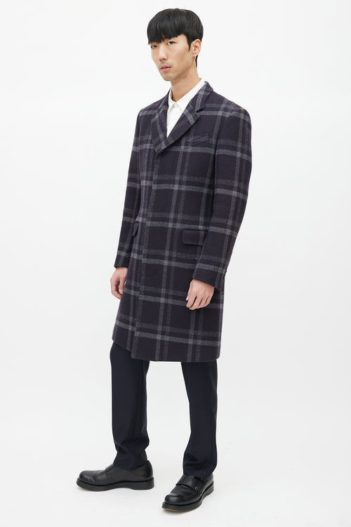 Paul Smith Navy & Grey Wool Plaid Coat