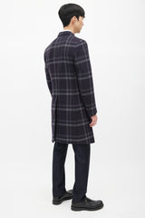 Paul Smith Navy & Grey Wool Plaid Coat