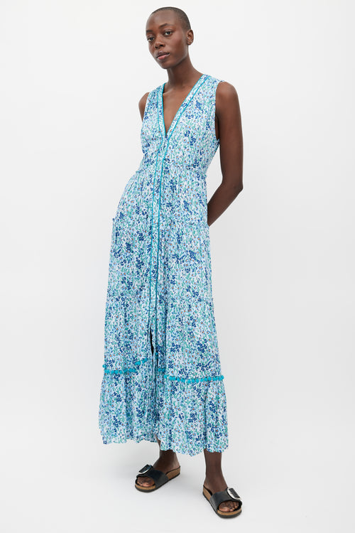 Paupette St. Barth Blue & Multi Floral Pom Pom Trim Dress