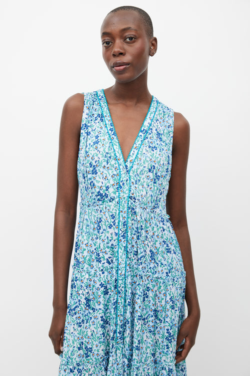 Paupette St. Barth Blue & Multi Floral Pom Pom Trim Dress