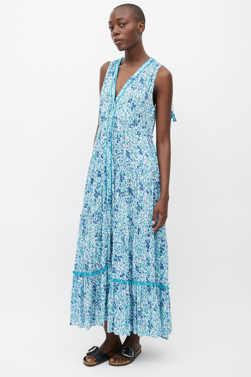 Paupette St. Barth Blue & Multi Floral Pom Pom Trim Dress