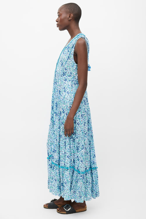 Paupette St. Barth Blue & Multi Floral Pom Pom Trim Dress