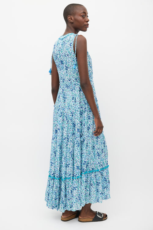 Paupette St. Barth Blue & Multi Floral Pom Pom Trim Dress