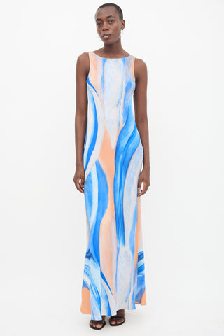 Peter Cohen Blue & Orange Silk Marble Printed Dress