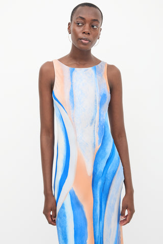 Peter Cohen Blue & Orange Silk Marble Printed Dress