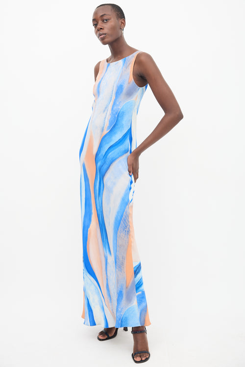 Peter Cohen Blue & Orange Silk Marble Printed Dress