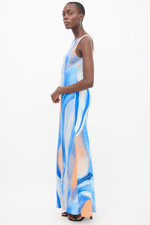 Peter Cohen Blue & Orange Silk Marble Printed Dress