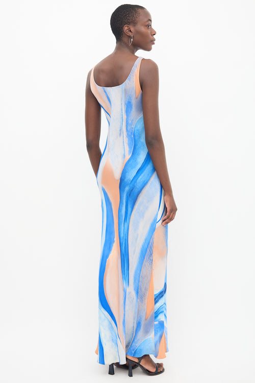 Peter Cohen Blue & Orange Silk Marble Printed Dress