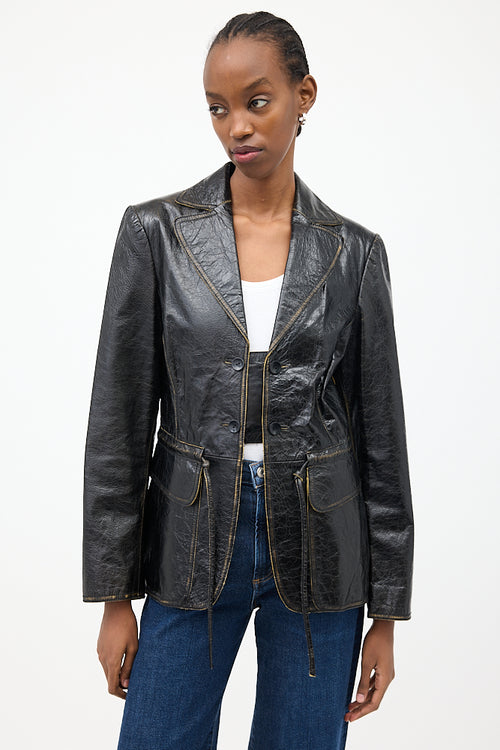 Philosophy Black Crackle Leather Drawstring Jacket