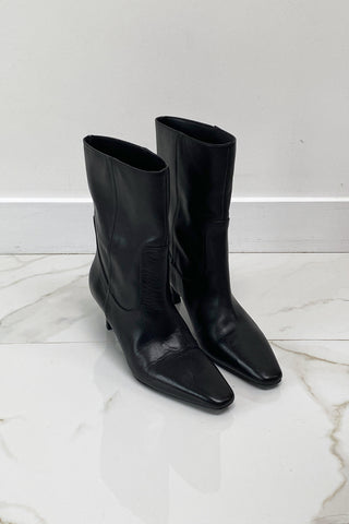 Black Leather Kitten Heel Boot