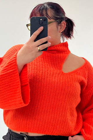 Orange Ribbed Knit Cut Out Sweater