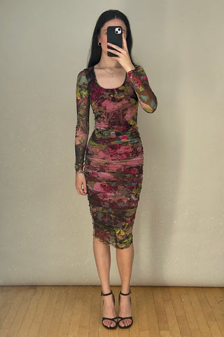Pink & Multicolour Mesh Floral Ruched Dress