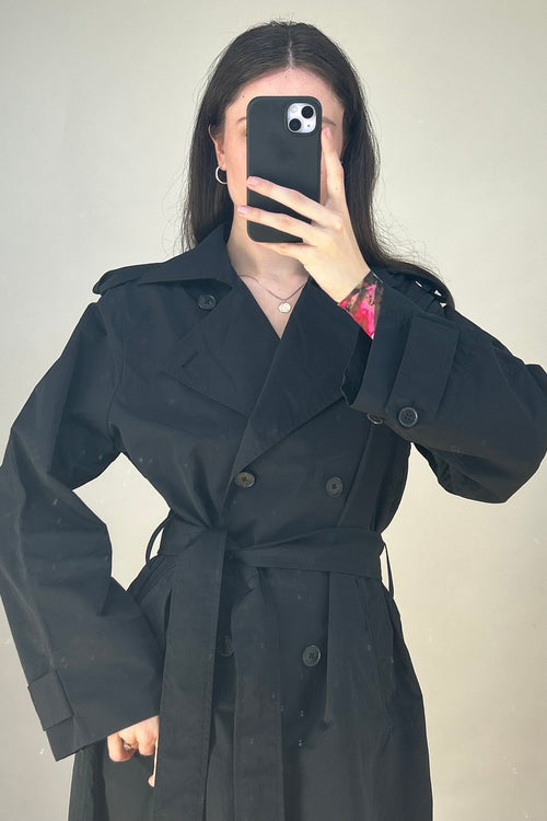 Black Nylon Belted Trench Coat
