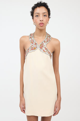 Pierre Cardin Cream & Orange Rhinestone Halter Dress