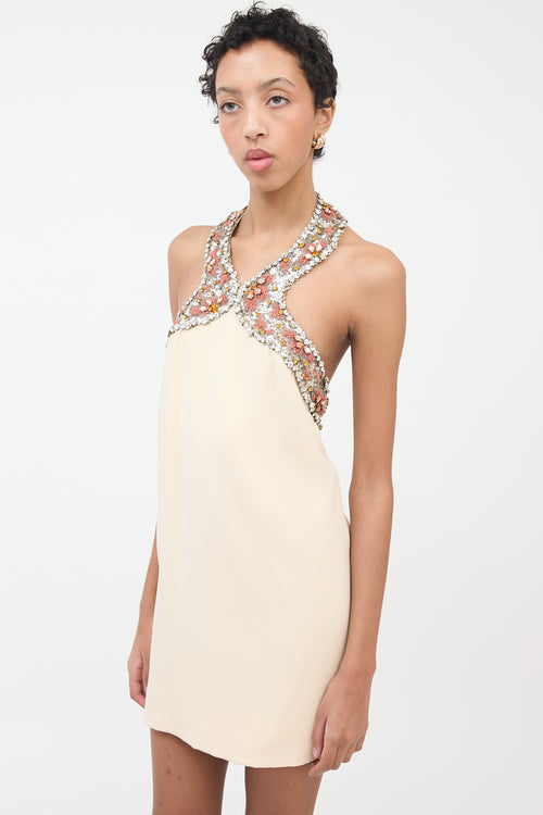 Pierre Cardin Cream & Orange Rhinestone Halter Dress