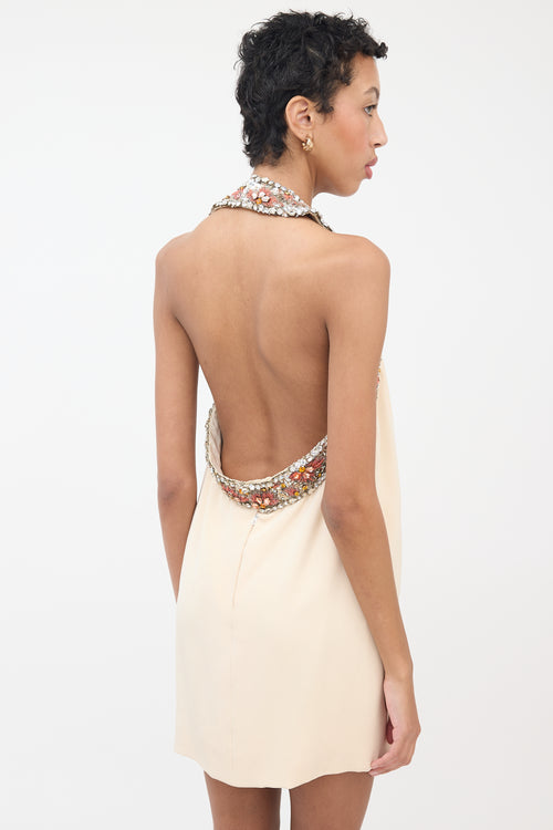 Pierre Cardin Cream & Orange Rhinestone Halter Dress