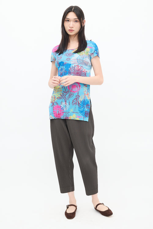 Pleats Please Issey Miyake Blue & Multicolour Floral Pleated Short Sleeve Top