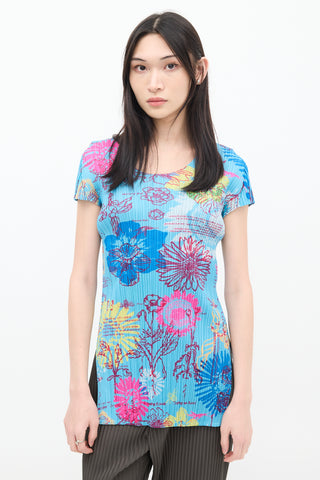 Pleats Please Issey Miyake Blue & Multicolour Floral Pleated Short Sleeve Top