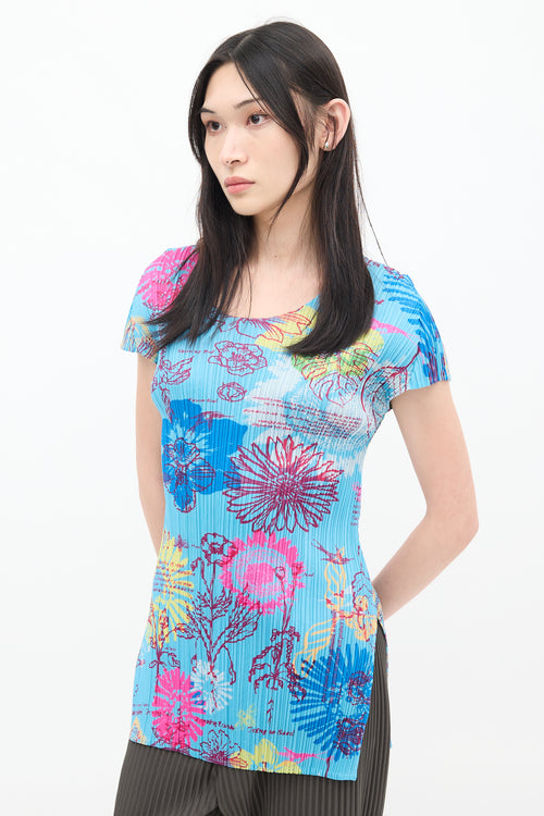 Pleats Please Issey Miyake Blue & Multicolour Floral Pleated Short Sleeve Top