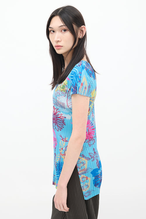 Pleats Please Issey Miyake Blue & Multicolour Floral Pleated Short Sleeve Top