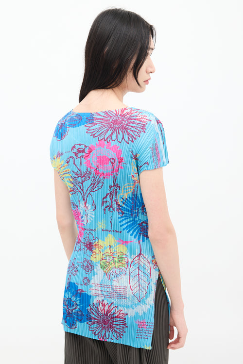 Pleats Please Issey Miyake Blue & Multicolour Floral Pleated Short Sleeve Top