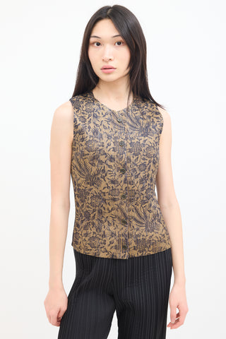 Pleats Please Issey Miyake Brown & Navy Pleated Floral Vest