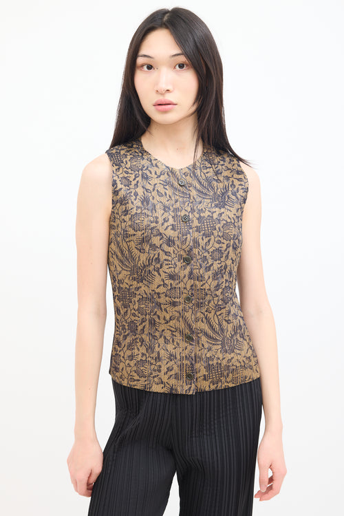 Pleats Please Issey Miyake Brown & Navy Pleated Floral Vest