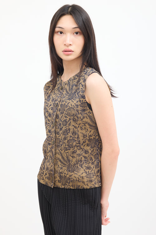 Pleats Please Issey Miyake Brown & Navy Pleated Floral Vest