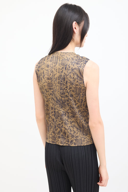 Pleats Please Issey Miyake Brown & Navy Pleated Floral Vest