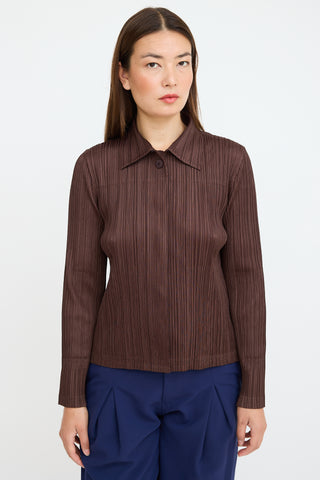 Pleats Please Issey Miyake Brown Pleated Faux Fur Shirt