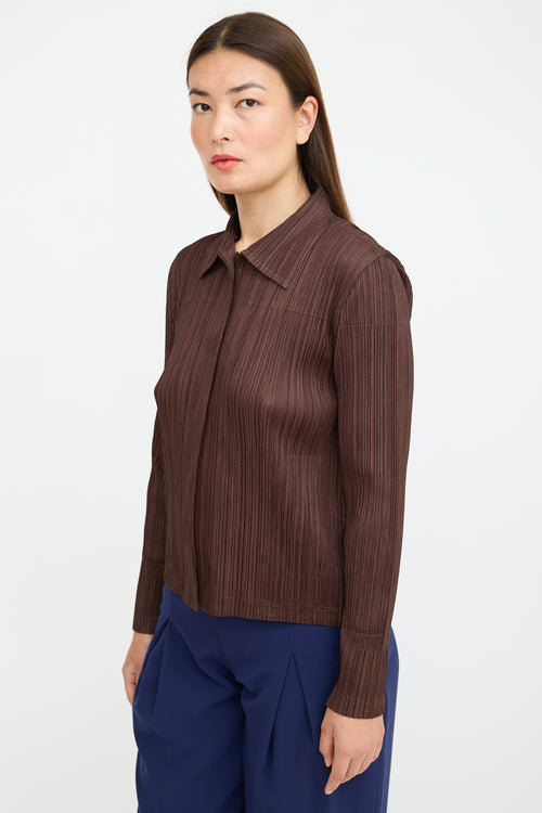 Pleats Please Issey Miyake Brown Pleated Faux Fur Shirt