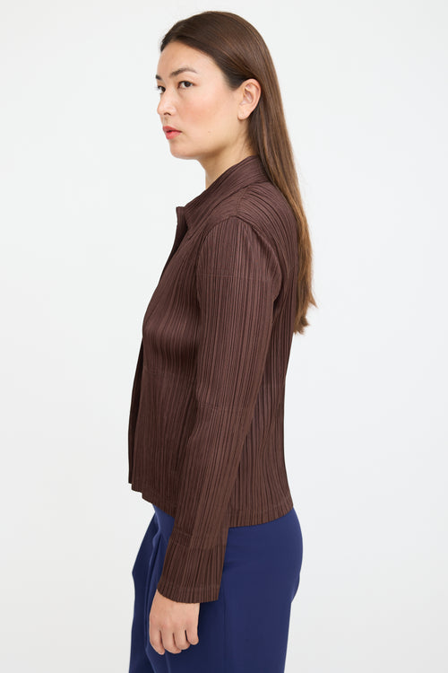 Pleats Please Issey Miyake Brown Pleated Faux Fur Shirt