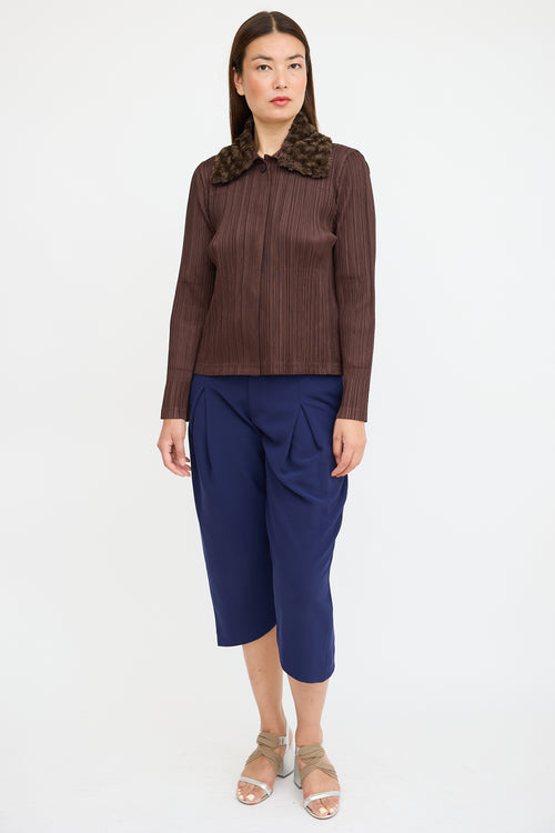 Pleats Please Issey Miyake Brown Pleated Faux Fur Shirt