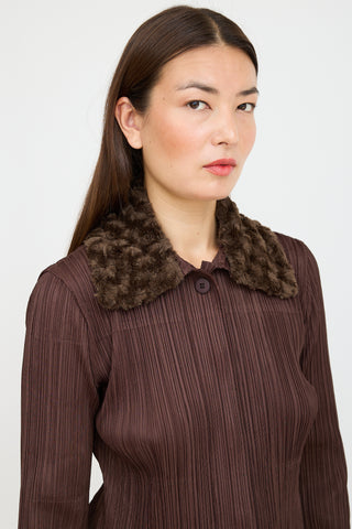 Pleats Please Issey Miyake Brown Pleated Faux Fur Shirt