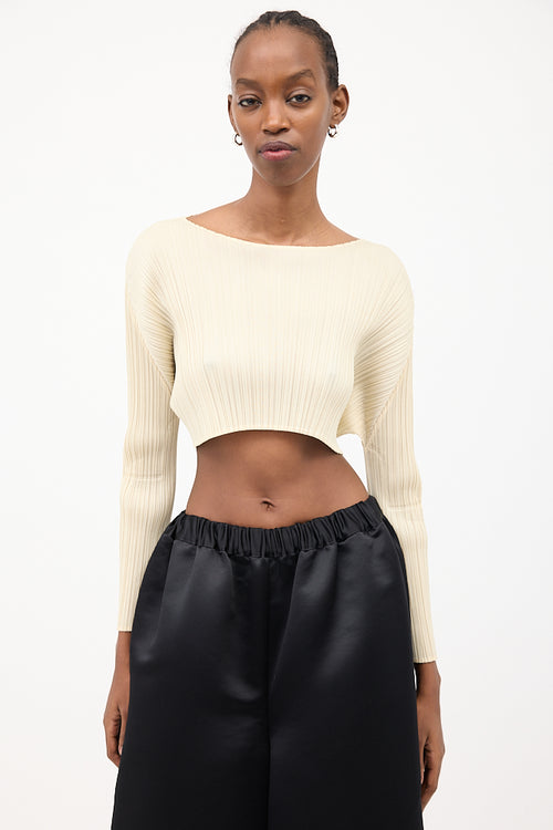 Pleats Please Issey Miyake Cream Pleated Long Sleeve Crop Top