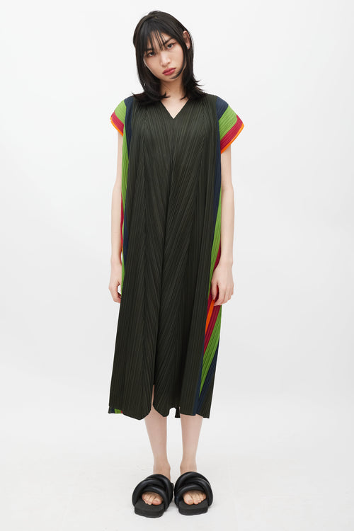 Pleats Please Issey Miyake Green & Multicolour Pleated Dress