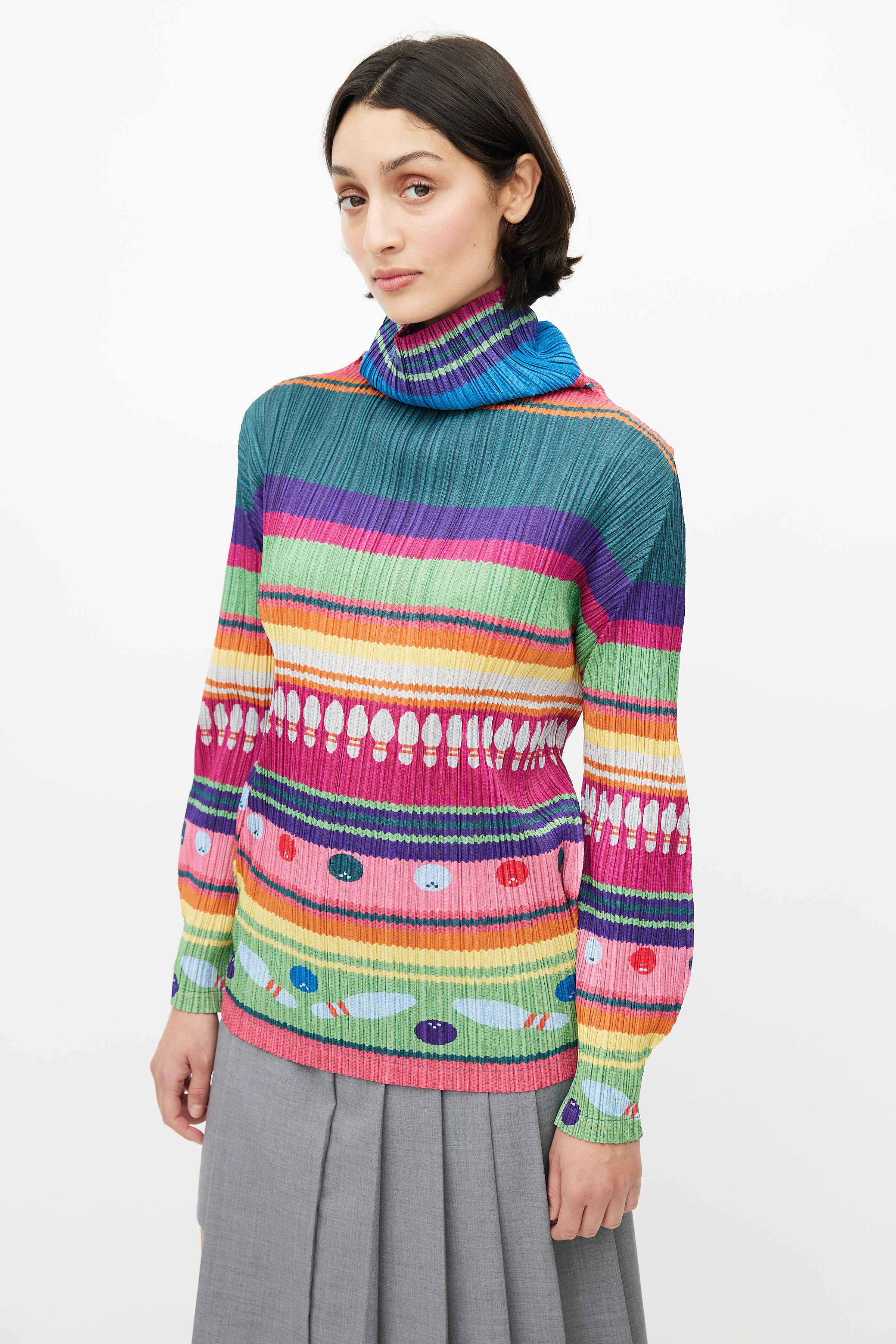 Pleats Please Issey Miyake // Multicolour Bowling Print Plisse Top 