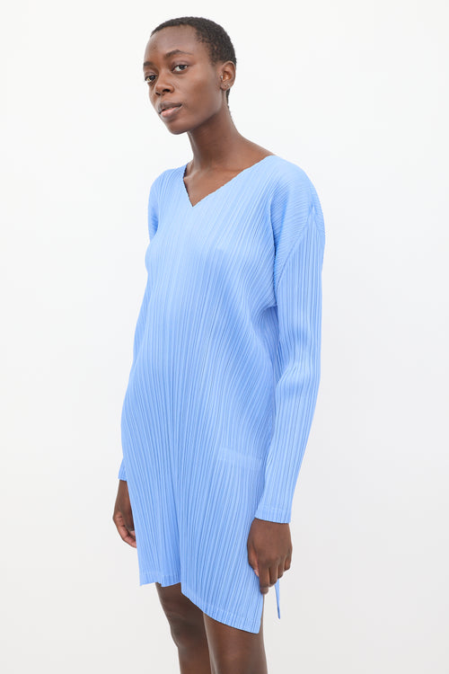 Pleats Please Issey Miyake Blue Pleated V-Neck Midi Dress