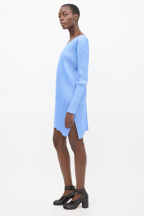 Pleats Please Issey Miyake Blue Pleated V-Neck Midi Dress