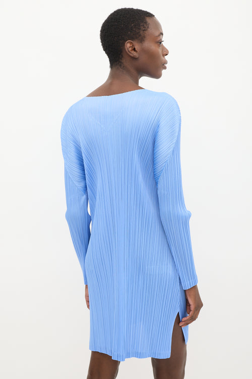 Pleats Please Issey Miyake Blue Pleated V-Neck Midi Dress