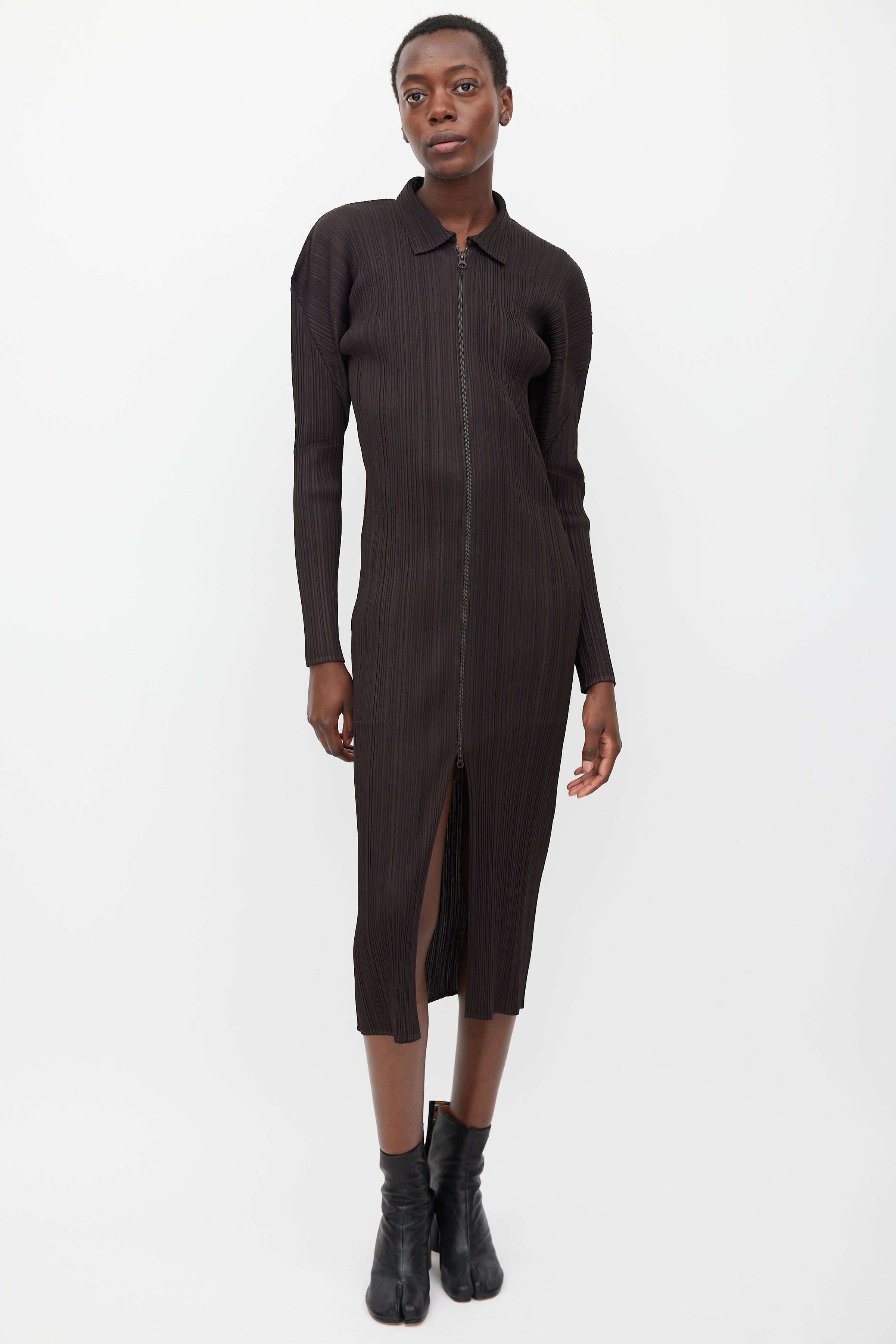 Pleats Please Issey Miyake // Dark Brown Plisse Zip Dress VSP Consignment Pleats Please Issey Miyake // Dark Brown Plisse Zip Dress VSP Consignment