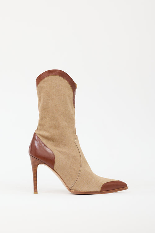 Plein Sud Brown & Beige Denim & Leather Western Boot